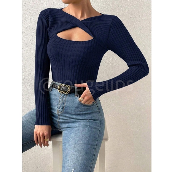 Navy Blue Rib Knit Cut Out Keyhole Twisted Detail Long Sleeve Light Sweater Top - Picture 2 of 7